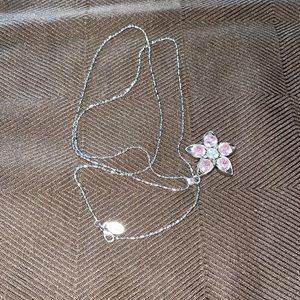Cookie Lee long necklace pink floral pendant silver tone